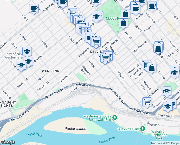map of restaurants, bars, coffee shops, grocery stores, and more near 509 Holland Street in New Westminster