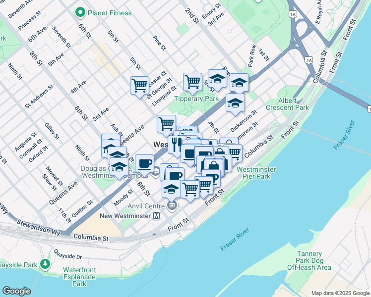 map of restaurants, bars, coffee shops, grocery stores, and more near 23 Cunningham Street in New Westminster