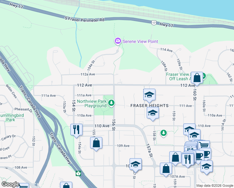 map of restaurants, bars, coffee shops, grocery stores, and more near 11152 156 Street in Surrey