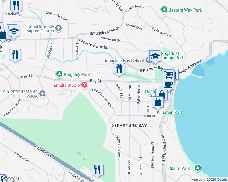 map of restaurants, bars, coffee shops, grocery stores, and more near 2840 Haliday Crescent in Nanaimo