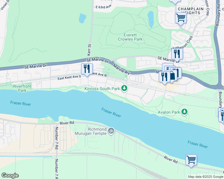 map of restaurants, bars, coffee shops, grocery stores, and more near 3198 Riverwalk Avenue in Vancouver