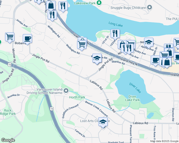 map of restaurants, bars, coffee shops, grocery stores, and more near 4321 Jingle Pot Road in Nanaimo