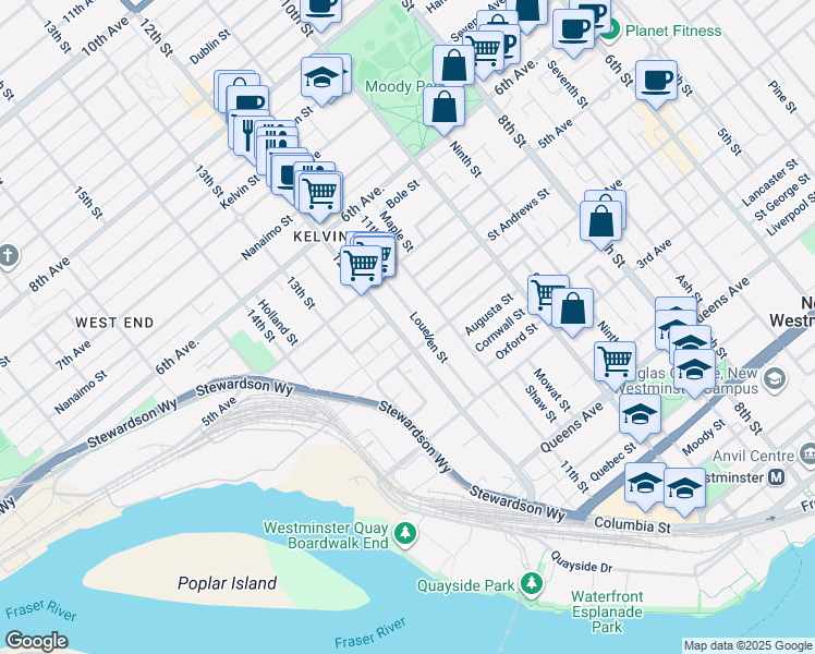 map of restaurants, bars, coffee shops, grocery stores, and more near 405 12th Street in New Westminster