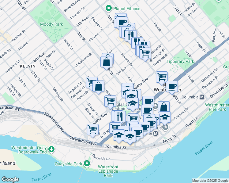 map of restaurants, bars, coffee shops, grocery stores, and more near 218 Burr Street in New Westminster
