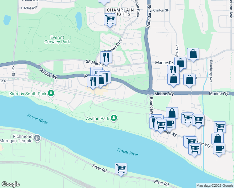 map of restaurants, bars, coffee shops, grocery stores, and more near 8570 Rivergrass Drive in Vancouver