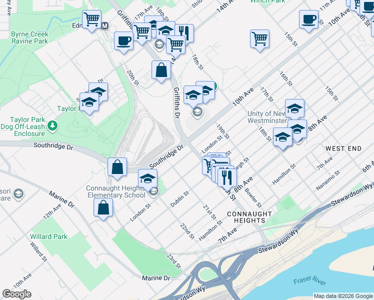 map of restaurants, bars, coffee shops, grocery stores, and more near 2005 Ninth Avenue in New Westminster