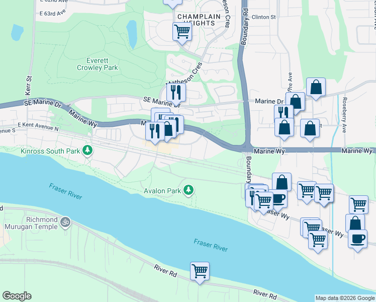map of restaurants, bars, coffee shops, grocery stores, and more near 8575 Rivergrass Drive in Vancouver
