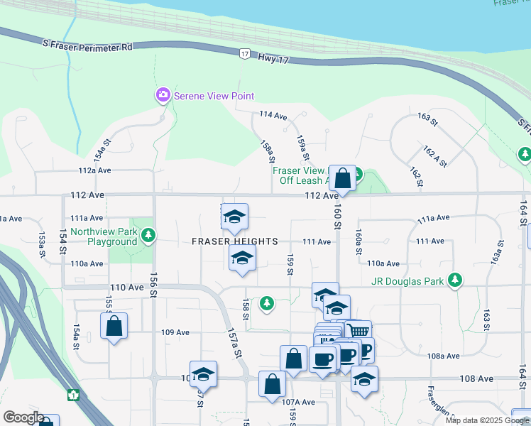 map of restaurants, bars, coffee shops, grocery stores, and more near 15861 111A Avenue in Surrey