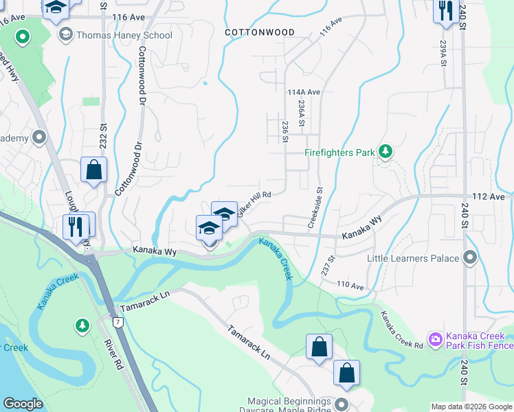 map of restaurants, bars, coffee shops, grocery stores, and more near 23539 Gilker Hill Road in Maple Ridge