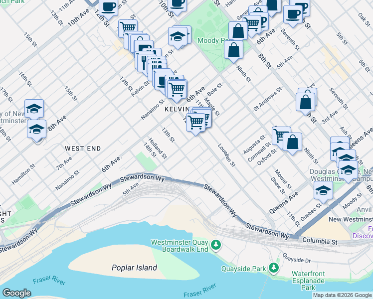 map of restaurants, bars, coffee shops, grocery stores, and more near 1222 5th Avenue in New Westminster
