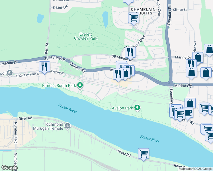 map of restaurants, bars, coffee shops, grocery stores, and more near 3430 East Kent Avenue South in Vancouver