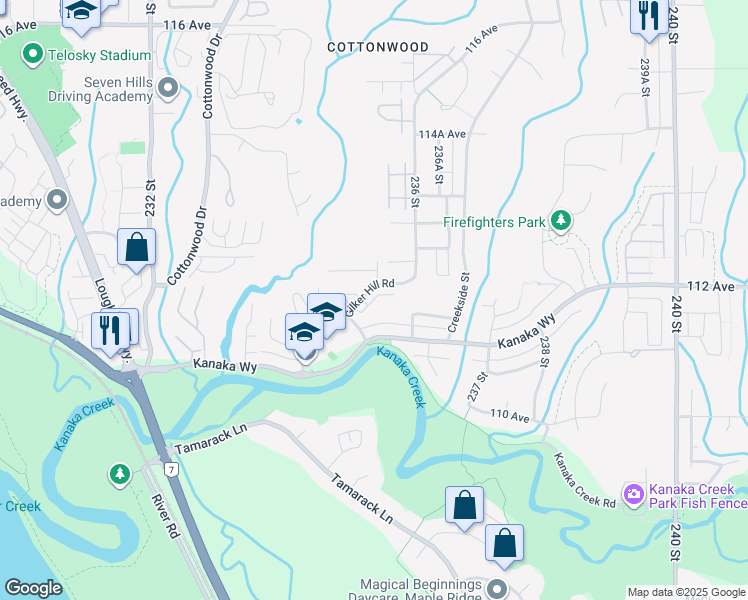 map of restaurants, bars, coffee shops, grocery stores, and more near 11176 Gilker Hill Road in Maple Ridge