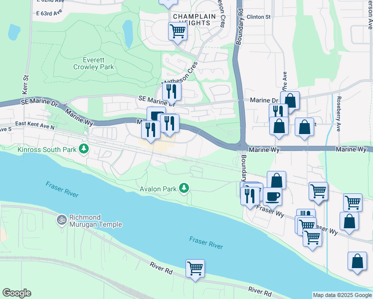 map of restaurants, bars, coffee shops, grocery stores, and more near 8508 Rivergrass Drive in Vancouver