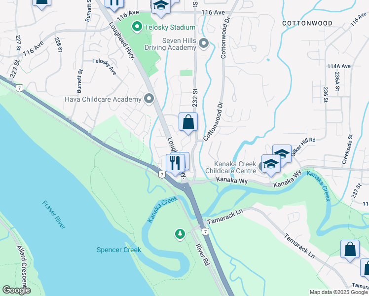 map of restaurants, bars, coffee shops, grocery stores, and more near 11229 232 Street in Maple Ridge
