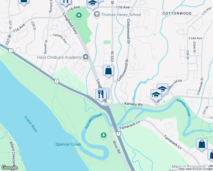 map of restaurants, bars, coffee shops, grocery stores, and more near 11229 232 Street in Maple Ridge