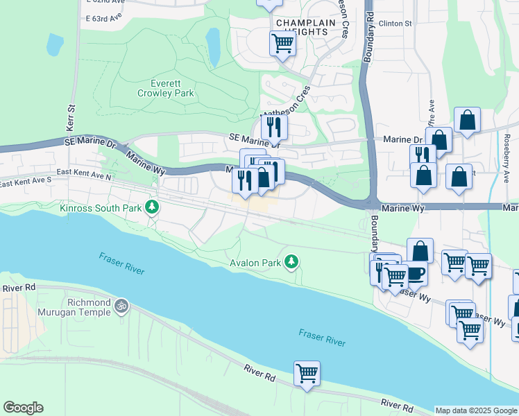 map of restaurants, bars, coffee shops, grocery stores, and more near 8598 River District Crossing in Vancouver