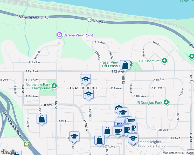 map of restaurants, bars, coffee shops, grocery stores, and more near 15861 111A Avenue in Surrey