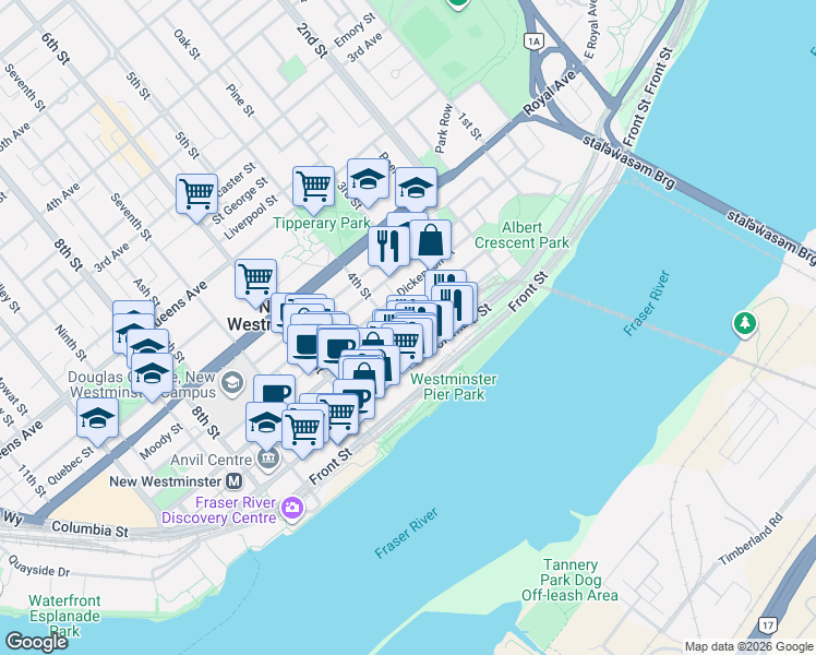 map of restaurants, bars, coffee shops, grocery stores, and more near 45 4th Street in New Westminster