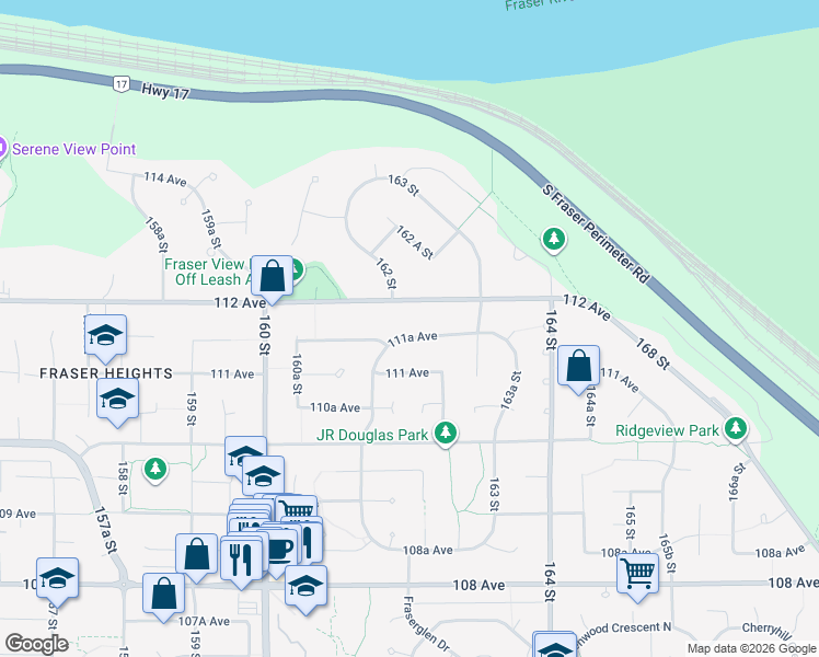 map of restaurants, bars, coffee shops, grocery stores, and more near 16209 111A Avenue in Surrey