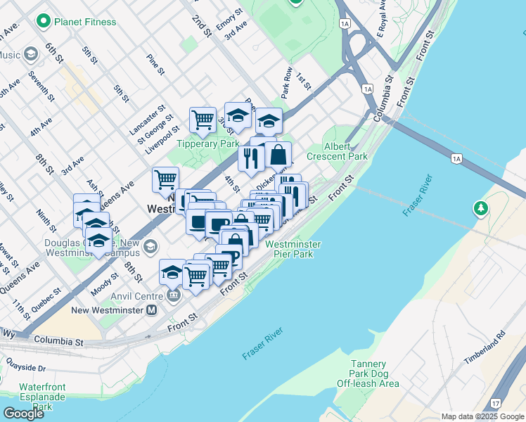 map of restaurants, bars, coffee shops, grocery stores, and more near 45 4th Street in New Westminster