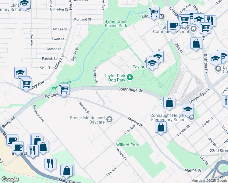 map of restaurants, bars, coffee shops, grocery stores, and more near 6448 Stride Avenue in Burnaby