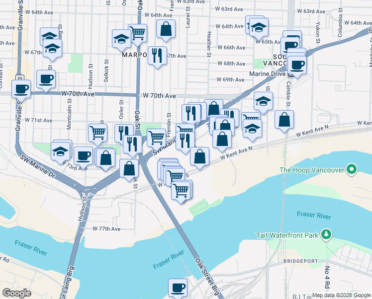 map of restaurants, bars, coffee shops, grocery stores, and more near 8811 Laurel Street in Vancouver