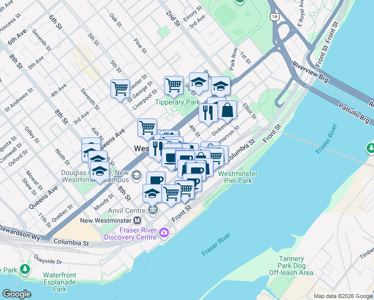 map of restaurants, bars, coffee shops, grocery stores, and more near 428 Agnes Street in New Westminster