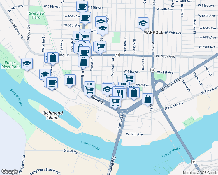 map of restaurants, bars, coffee shops, grocery stores, and more near 8833 Montcalm Street in Vancouver