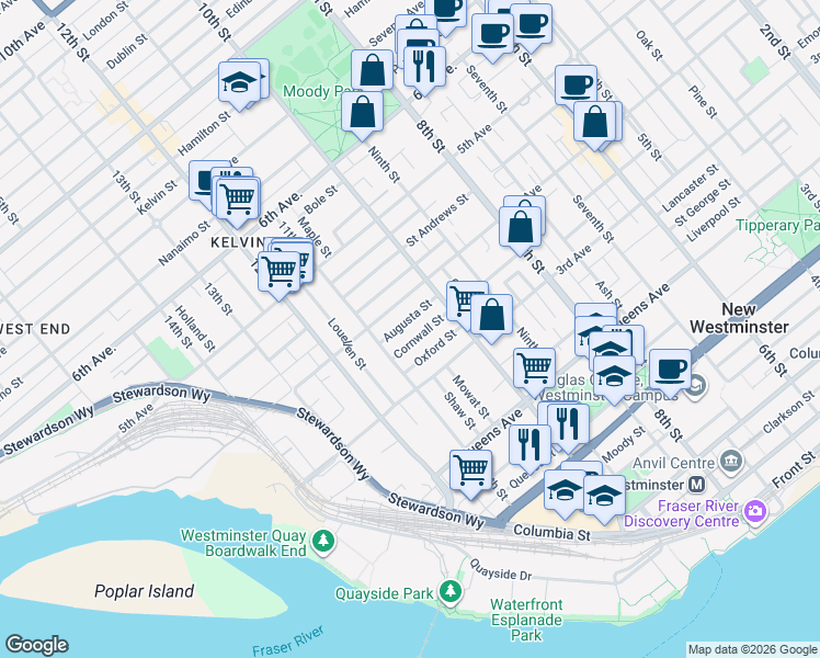 map of restaurants, bars, coffee shops, grocery stores, and more near 1025 Cornwall Street in New Westminster