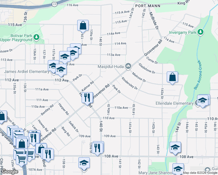 map of restaurants, bars, coffee shops, grocery stores, and more near 14032 Grosvenor Road in Surrey