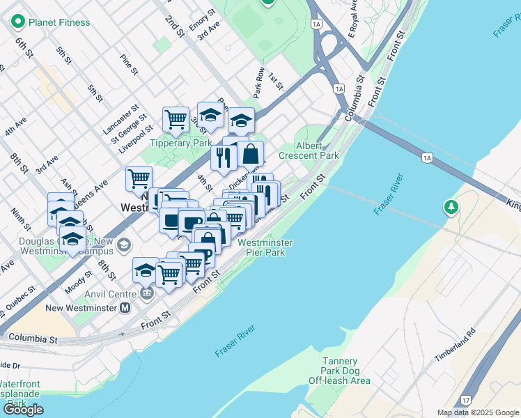 map of restaurants, bars, coffee shops, grocery stores, and more near in New Westminster