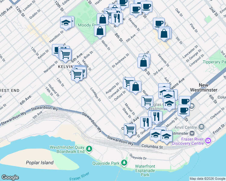 map of restaurants, bars, coffee shops, grocery stores, and more near 1025 Cornwall Street in New Westminster