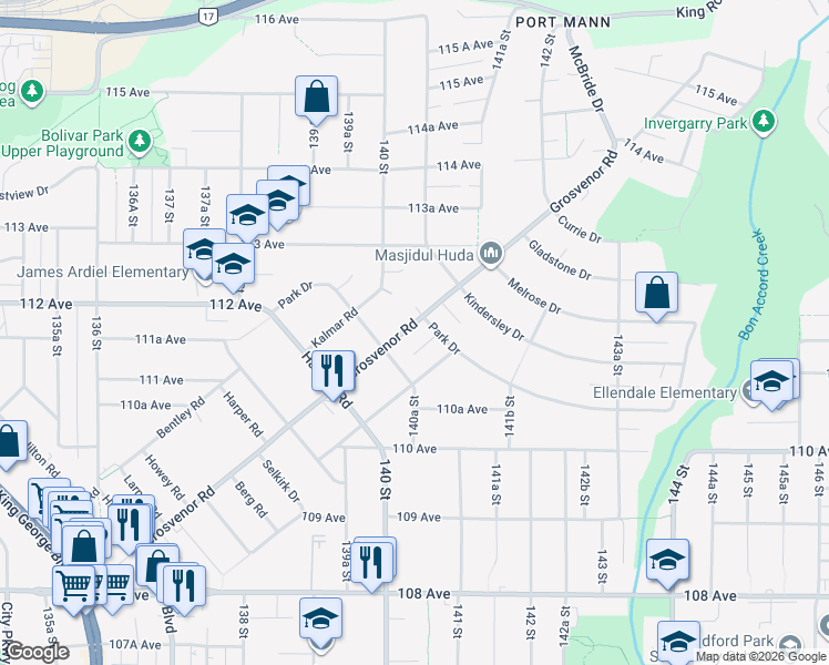 map of restaurants, bars, coffee shops, grocery stores, and more near 14032 Grosvenor Road in Surrey