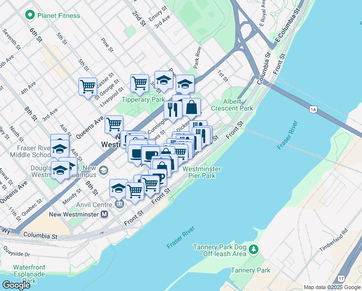 map of restaurants, bars, coffee shops, grocery stores, and more near 45 4th Street in New Westminster