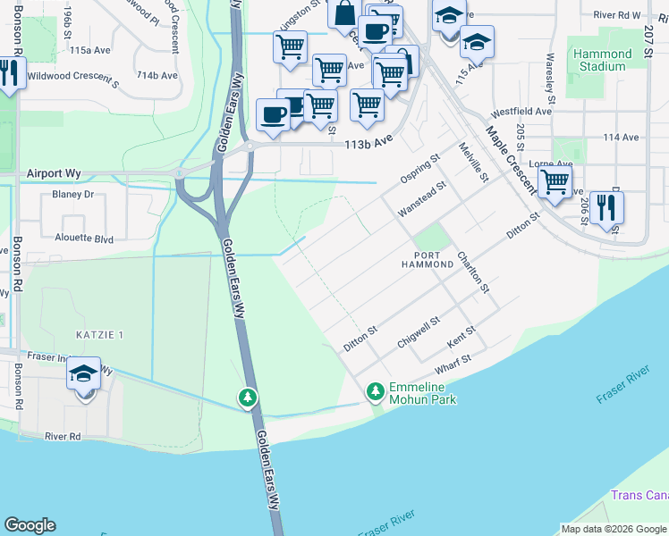 map of restaurants, bars, coffee shops, grocery stores, and more near 20166 Wanstead Street in Maple Ridge