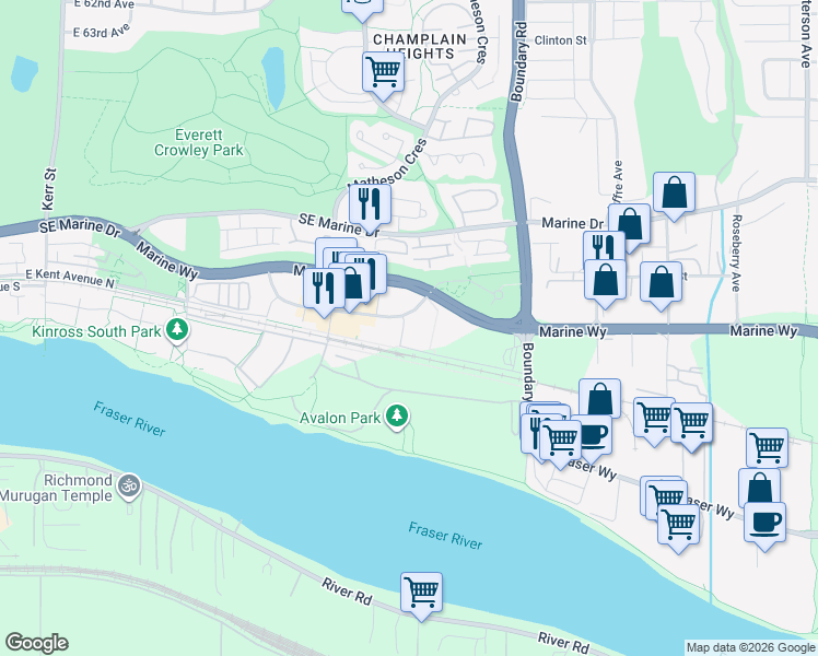 map of restaurants, bars, coffee shops, grocery stores, and more near 8570 Rivergrass Drive in Vancouver