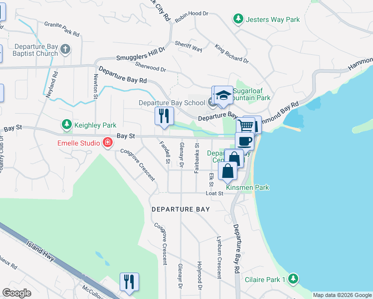 map of restaurants, bars, coffee shops, grocery stores, and more near 2860 Glenayr Drive in Nanaimo