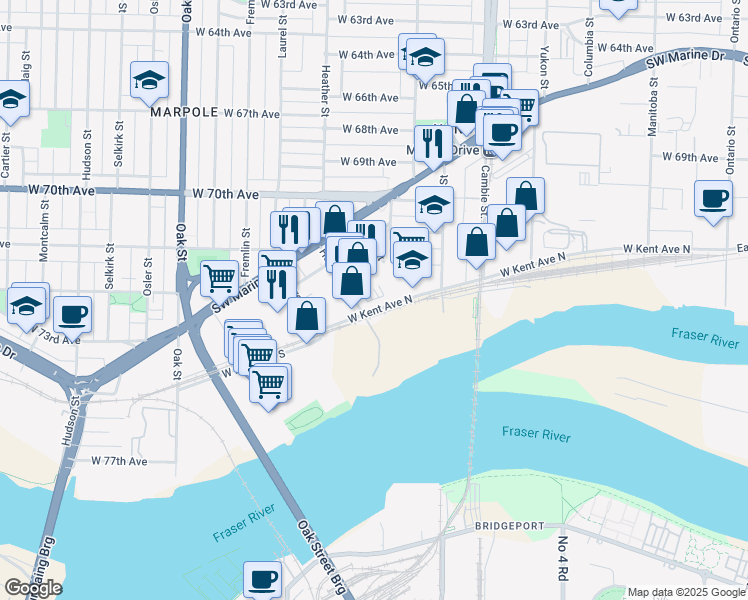 map of restaurants, bars, coffee shops, grocery stores, and more near in Vancouver