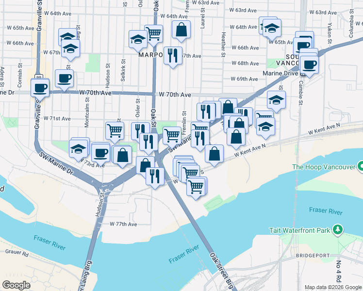 map of restaurants, bars, coffee shops, grocery stores, and more near 930 Southwest Marine Drive in Vancouver