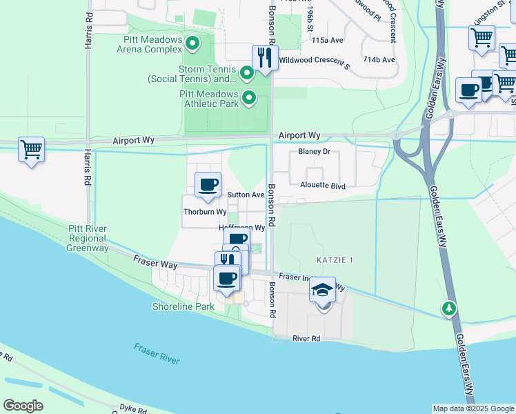 map of restaurants, bars, coffee shops, grocery stores, and more near 19571 Thorburn Way in Pitt Meadows