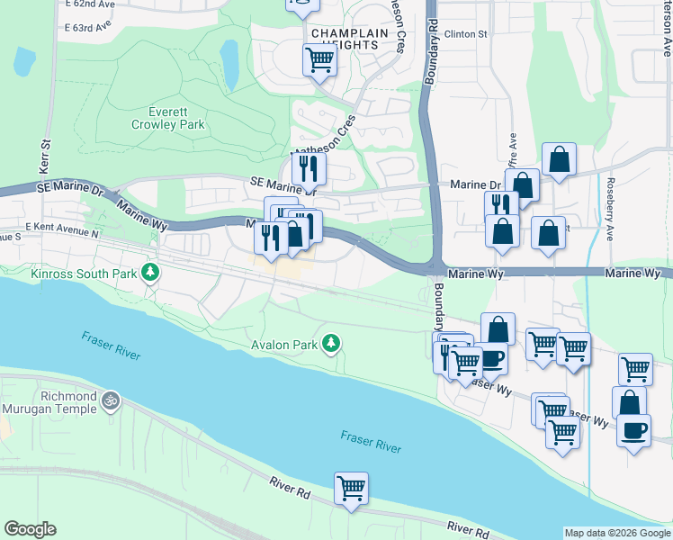map of restaurants, bars, coffee shops, grocery stores, and more near 3538 Sawmill Crescent in Vancouver