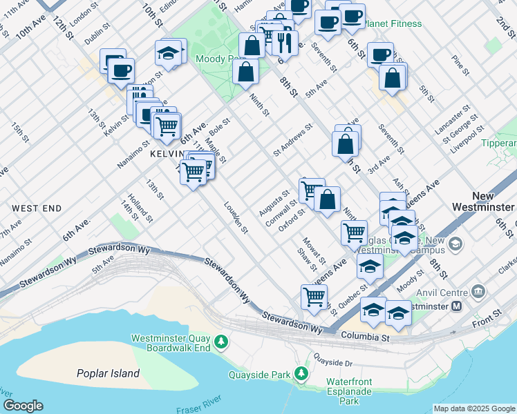 map of restaurants, bars, coffee shops, grocery stores, and more near 1040 4th Avenue in New Westminster