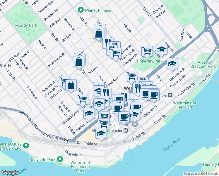 map of restaurants, bars, coffee shops, grocery stores, and more near in New Westminster
