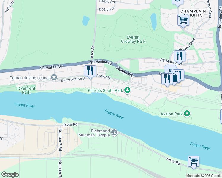 map of restaurants, bars, coffee shops, grocery stores, and more near 3188 Riverwalk Avenue in Vancouver