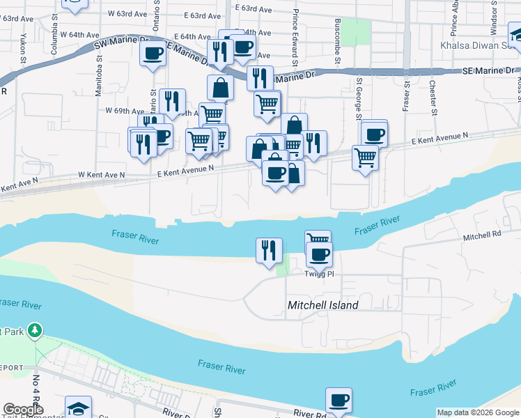 map of restaurants, bars, coffee shops, grocery stores, and more near in Vancouver