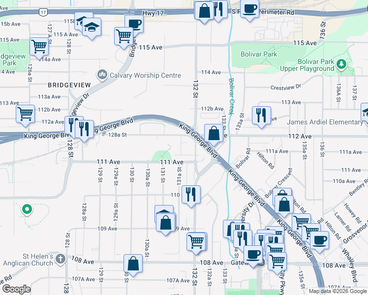 map of restaurants, bars, coffee shops, grocery stores, and more near 11152 131A Street in Surrey