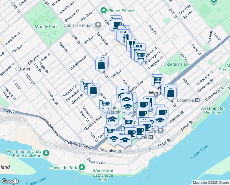 map of restaurants, bars, coffee shops, grocery stores, and more near 805 Milton Street in New Westminster
