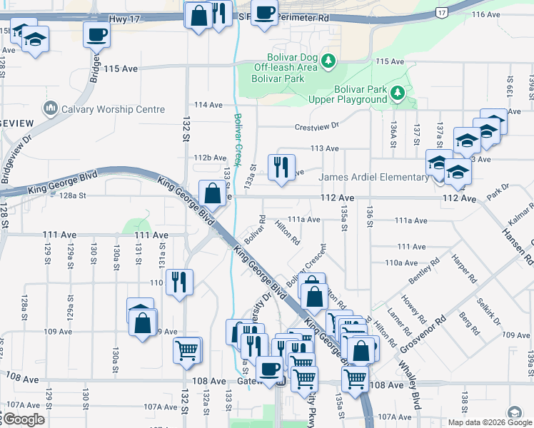 map of restaurants, bars, coffee shops, grocery stores, and more near 13377 111A Avenue in Surrey
