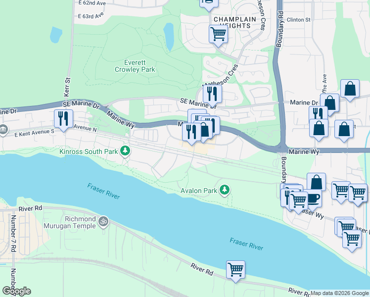 map of restaurants, bars, coffee shops, grocery stores, and more near 8599 River District Crossing in Vancouver