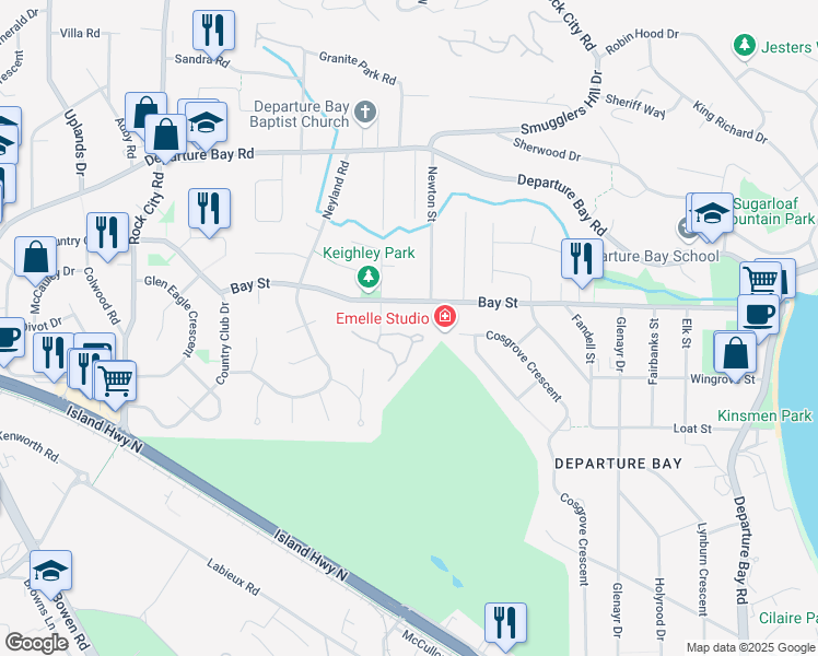 map of restaurants, bars, coffee shops, grocery stores, and more near 1965 Bunker Hill Drive in Nanaimo